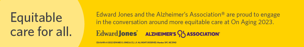 Display ad concerning support from Edward Jones and the Alzheimer's Association for equitable care conversations at On Aging 2023