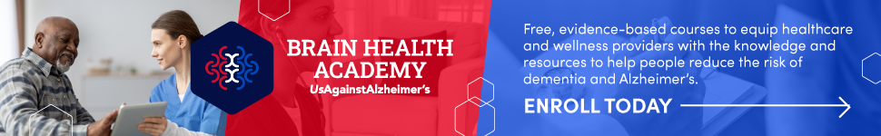 Picture of a Black older man with a female healthcare worker illustrating a promotion for the Brain Health Academy webinar series