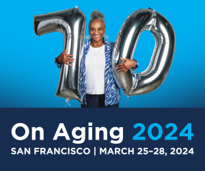 A smiling woman holds silver "70" balloons, text reads "On Aging 2024"