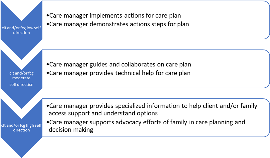 Figure 1. Examples of Direct Intervention Roles Available to Case Managers  clt = older adult client.  fcg = family caregiver (related or by choice, blood, or affinity)  self direction = the goal of achieving autonomy within the parameters of the individual’s cultural congruency and value of being autonomous. This means that for some cultures autonomy can be family-centric  Source: Adapted from Moxley, 1989.