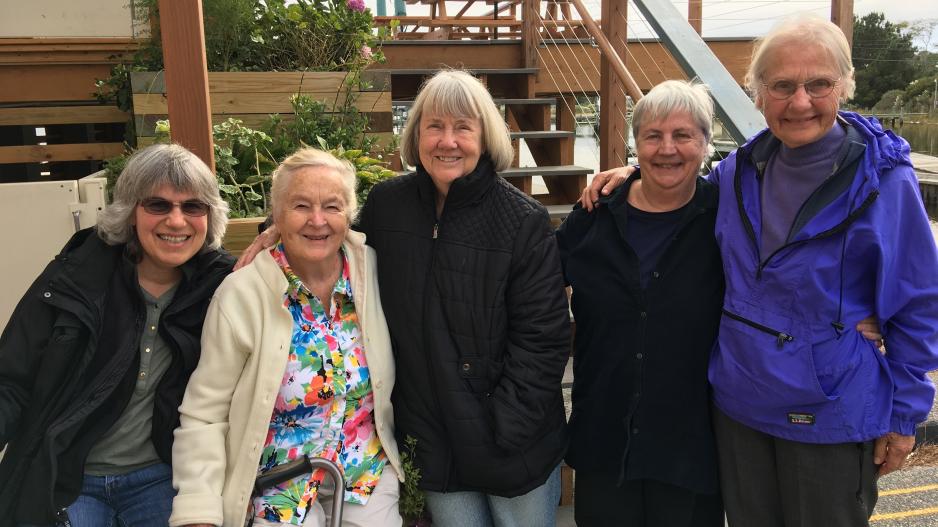 Carter Catlett Williams (second to left in the flowered shirt) with authors Barbara Frank (far left), Elma Holder (center), original NCCNHR board member Ann Wyatt (not an author) and Sarah Burger (far right).