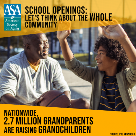 Image of grandfather playing basketball with grandson overlay text reads: School Openings: Let's think about the whole community. Nationwide, 2.7 million grandparents are raising grandchildren