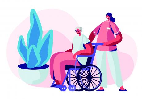 Illustration of a direct care working and older adult using a wheelchair
