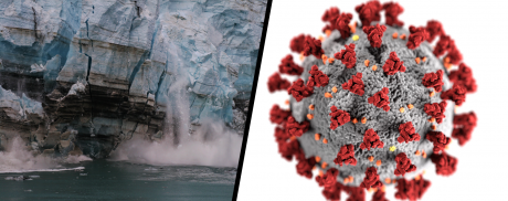 Left image: A calving glacier. Witness to global warming.  Right image: COVID19 virus image 