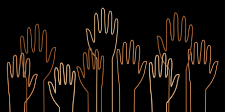 Outline drawings of hands raised on black background