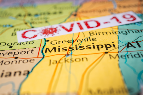 Mississippi map with covid across it
