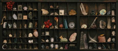 Wall of curios in cabinet