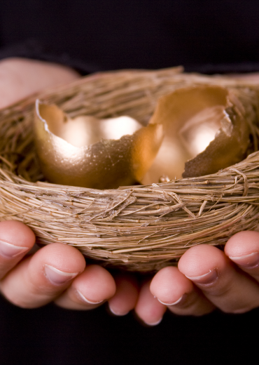 Hands holding a nest with open golden eggs