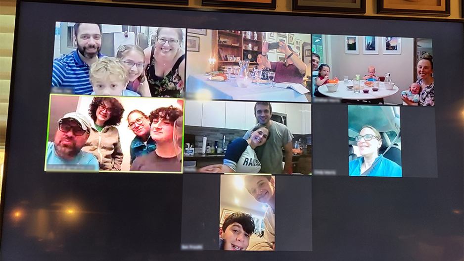 Picture of a screen during Zoom Rosh Hashannah Dinner with 7 people/groups on the call/dinner
