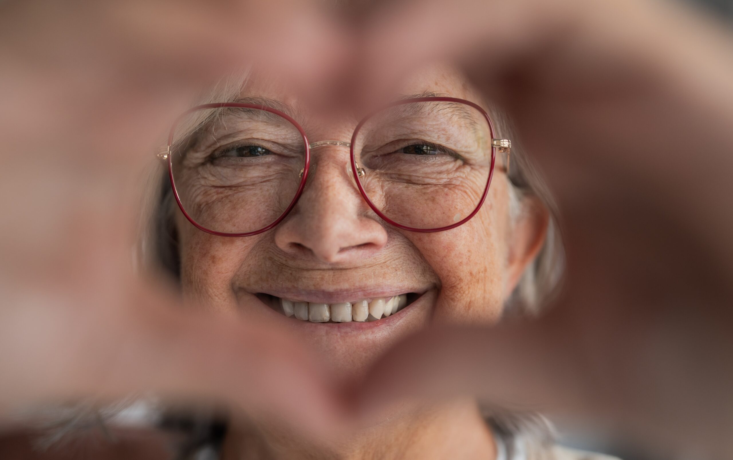 Smiling,Senior,Woman,Wearing,Red,Glasses,Frames,Her,Face,With